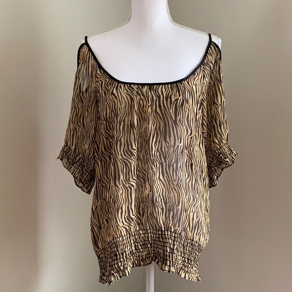 Y2K GUESS Semi Sheer Tiger Print Cold Shoulder Blouse